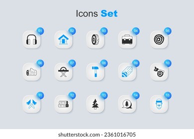 Set Tree, Electric circular saw, Dog house, Wooden axe, Lumberjack, Hand and log, Headphones and Hammer icon. Vector
