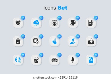 Set Tree, Electrical outlet, Acid rain radioactive cloud, Earth with shield, Radioactive waste barrel, Iceberg, Solar energy panel and Thermometer icon. Vector