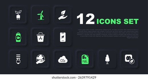 Set Tree, Electrical outlet, Infectious waste, Bio fuel canister, Eco nature leaf battery, Hand holding Earth globe, Wind turbine and CO2 emissions cloud icon. Vector