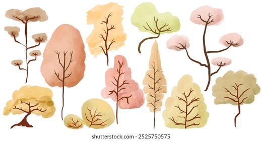 set of tree element for design. simplistic, watercolor, and abstract concept. nature, autumn, forest, and decoration themes