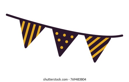 Set of tree festive flags icon isolated on white background. Vector illustration with two stripped and one dotted golden-black triangle hanging flags