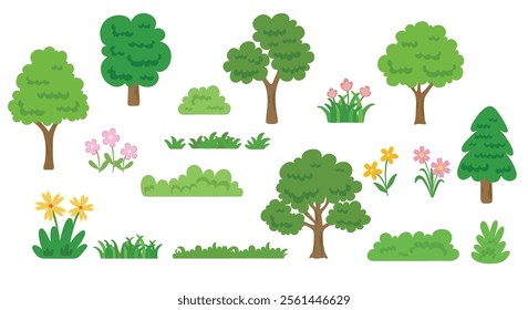 Set of tree and flower collection hand drawn flat design vector element. 