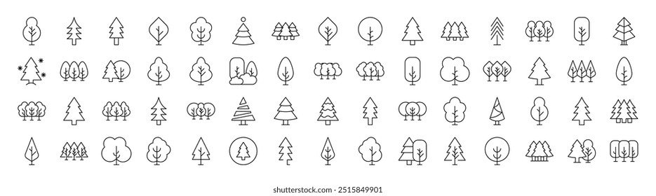 Conjunto de iconos de línea relacionados con árboles y bosques. Trazo Editable para Diseño, Sitios web, App, Tarjetas. Contiene Imágenes lineales de árboles caducifolios y coníferas