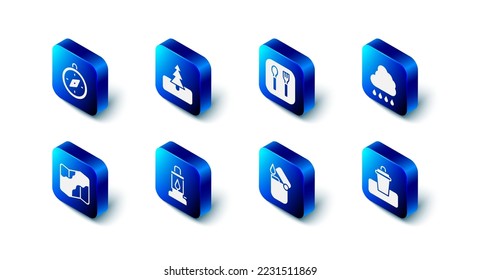 Set Tree, Fork and spoon, Cloud with rain, Trash can, Lighter, Camping lantern, hiking map and Compass icon. Vector
