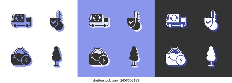 Set Tree, Garbage truck, Water mill and Thermometer icon. Vector