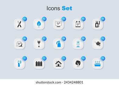 Set Tree, Garden pitchfork, Wooden axe, Plant in pot, Wheelbarrow, Gardening scissors and sprayer water icon. Vector
