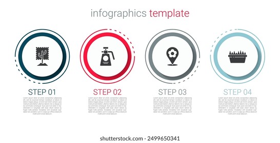 Set Tree, Garden sprayer for fertilizer, Location with flower and Fresh grass in rectangular. Business infographic template. Vector