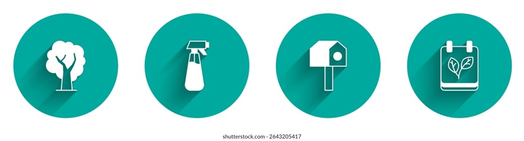 Set Tree, Garden sprayer for water, Bird house and Calendar with autumn leaves icon with long shadow. Vector