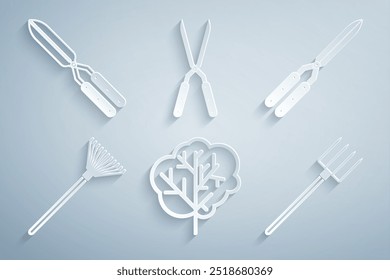Set Tree, Gardening handmade scissor, rake for leaves, pitchfork,  and  icon. Vector
