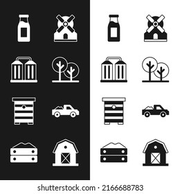 Set Tree, Granary, Bottle With Milk, Windmill, Hive For Bees, Pickup Truck, Farm House And Bag Of Flour Icon. Vector