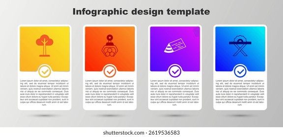 Set Tree, Grapple crane grabbed a log, Wooden beam and Electric circular saw. Business infographic template. Vector