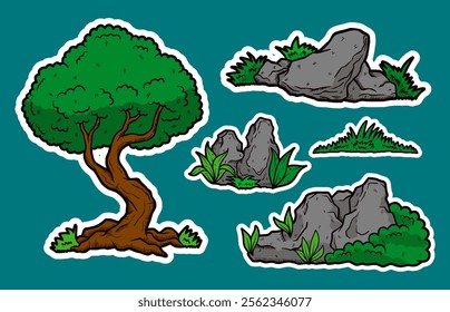 Set of Tree and Grass Doodle Sticker Illustration