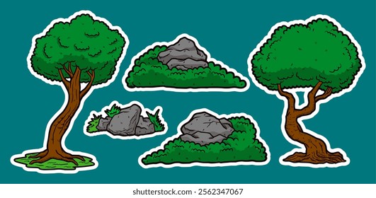 Set of Tree and Grass Doodle Sticker Illustration