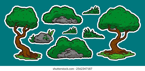 Set of Tree and Grass Doodle Sticker Illustration