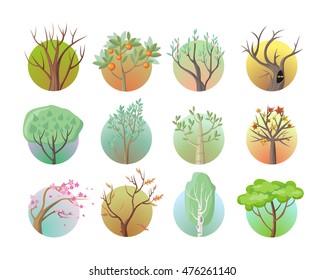 Set of tree with green leaves. Maple, oak, birch, sakura, willow, falling autumn, plant eco branch