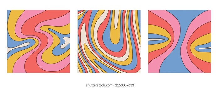 Set of tree Groovy retro swirl burst backdrops. Trippy Retro Background for Psychedelic 60s, 70s Parties with Melting Rainbow Colors and Groovy Wavy Pattern in Pop Art style. Vector drawn illustration