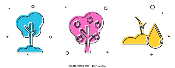 Coloque el árbol en el suelo, el árbol con manzana y el icono del brote de riego. Vector