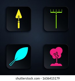 Set Tree in the ground, Garden trowel spade or shovel, Leaf and Garden rake. Black square button. Vector