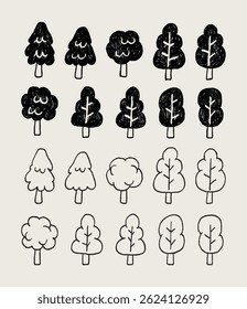 set of tree hand draw crayon and pencil style, illustration for kid, cartoon style, doodle