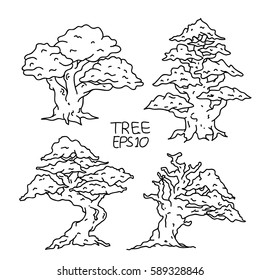 Set of tree hand drawn sketch. Vector illustration isolated white background.