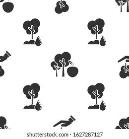 Set Tree in hand of environmental protection, Tree with apple and Watering Tree on seamless pattern. Vector