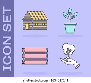 Set Tree in hand of environmental protection, Farm house, Wooden box and Flowers in pot icon. Vector