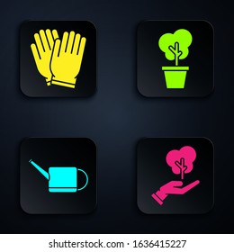 Set Tree in hand of environmental protection, Garden gloves, Watering can and Tree in pot. Black square button. Vector