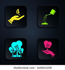 Set Tree in hand of environmental protection, Sprout in hand of environmental protection, Trees and Watering can with water. Black square button. Vector