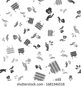 Set Tree in hand of environmental protection, Wooden box for fruits and vegetables, Plant in hand of environmental protection and Hand holding flower on seamless pattern. Vector