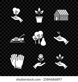 Set Tree in hand of environmental protection, Flowers pot, Farm house, Garden gloves, Hand holding flower, Plant, Lawn mower and with pears icon. Vector