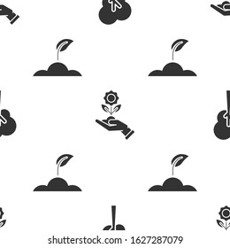 Set Tree, Hand holding flower and Sprout on seamless pattern. Vector