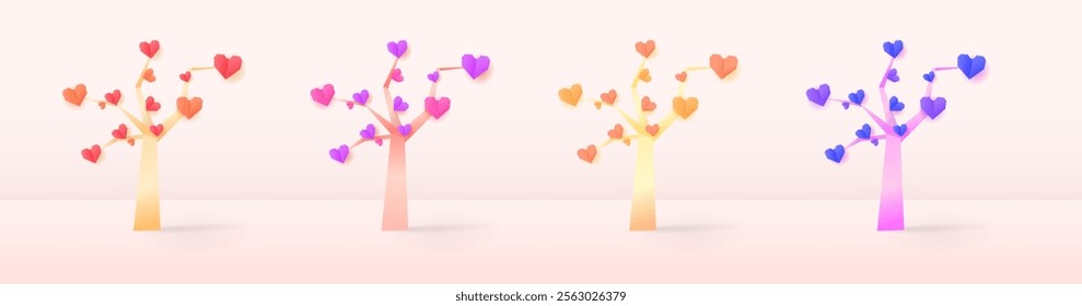 Set tree with heart-shaped leaves in an origami style in soft pastel colors. Perfect for design elements themed around Valentine's, love and affection.