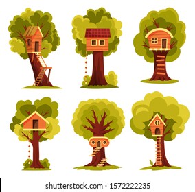 Set of tree house. Children playground with swing and ladder. Flat style vector illustration. Tree house for playing and parties. House on tree for kids. Wooden town, rope park between green foliage