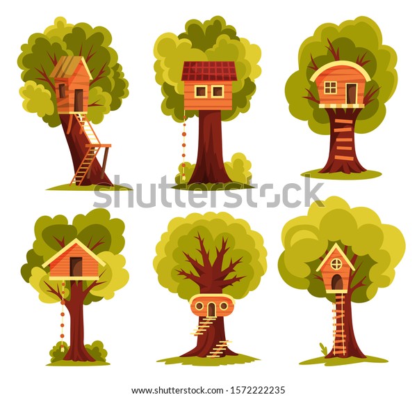 Set of tree house. Children playground with swing\
and ladder. Flat style vector illustration. Tree house for playing\
and parties. House on tree for kids. Wooden town, rope park between\
green foliage