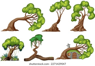 Conjunto de ilustraciones de árbol y casa de árbol
