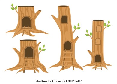 Set the tree house. Wooden house. Vector illustration of tree house
