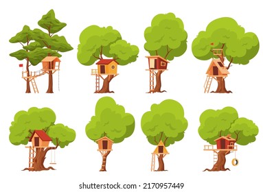 Set of tree houses. The childrens house is built on a tree. Childrens games in nature. Vector illustration