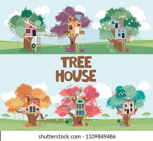 Set of Tree houses collection cartoon illustration. Editable vector illustration