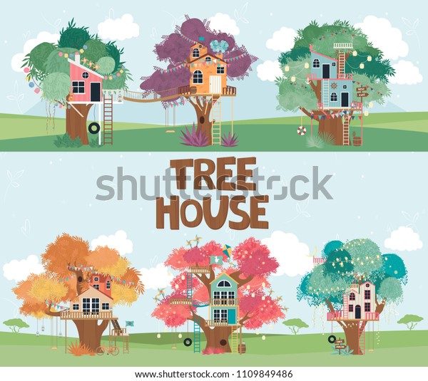 Set of Tree houses collection cartoon illustration. Editable vector