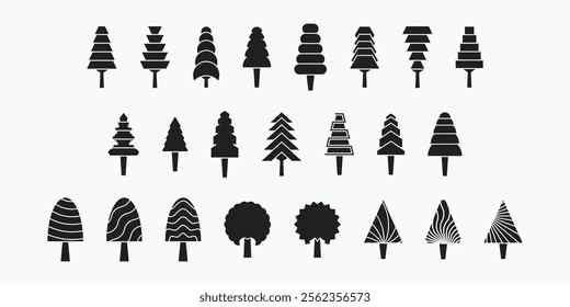 Set of tree icon in black on white background, Tree icons, Vector Icon of tree in different styles.