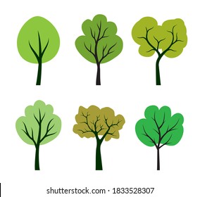 Set of Tree Icon with green Leaves. Vector outline Illustration. Plant in Garden.