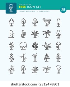 Set of Tree Icon Outline Style. Pine, Coconut, Sugarcane, Cactus.