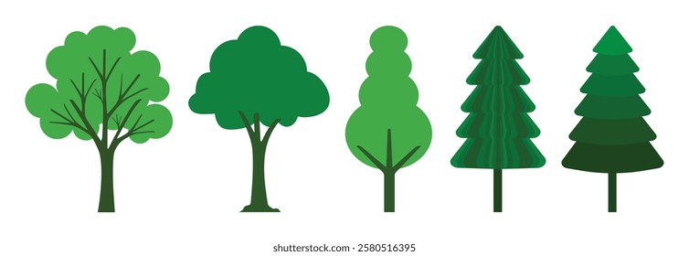 Set of tree, Icon style vector trees. Different types of lush green tree plants. Isolated, usable background, Low wood. Christmas tree, Landscape lush greenery. Botanical. useable vector element.