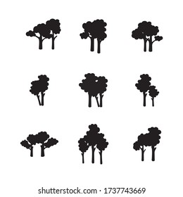 set of tree icon vector illustration, silhouette, flat, isolated on white. 