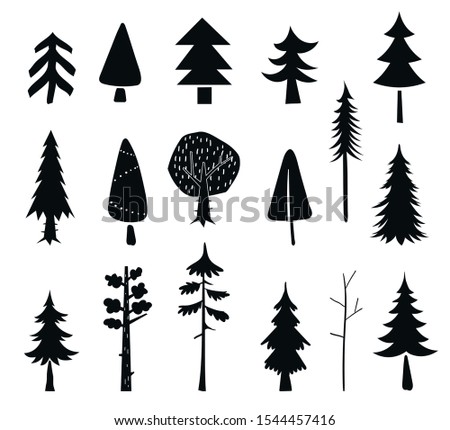 Set of tree icons. Black silhouet isolated on a white background. Winter pines in the forest.