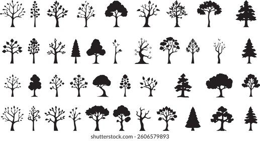 A set of tree icons in black and white