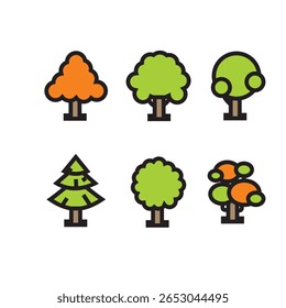 Un conjunto de iconos de árbol en tonos verdes y naranjas, perfecto para su uso en animaciones