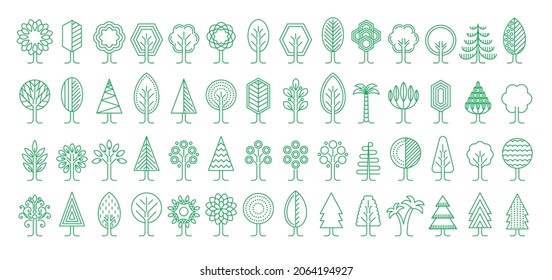 Set of tree icons in linear style. Simple outline abstract elements isolated on a white background. Collection of botanical decorative symbols. Vector flat illustration.