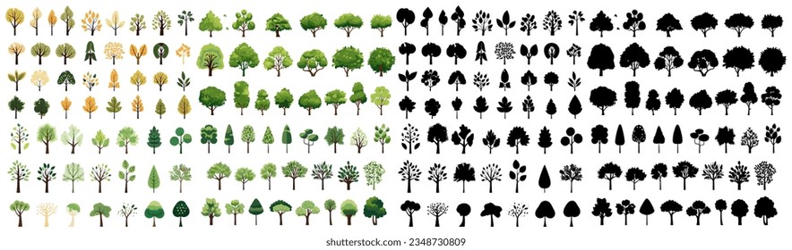 set of tree illustration and silhouettes. isolated on a transparent background. eps 10