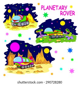 Set of tree illustrations cartoon planetary rovers.